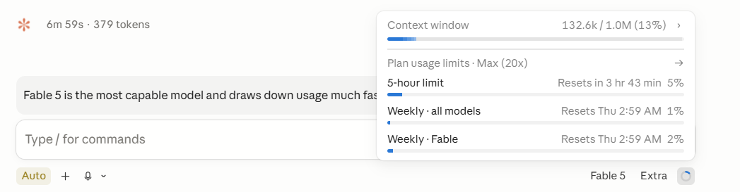 Screenshot of Claude Code's usage panel showing the context window at 13%, the 5-hour limit at 5%, weekly all-models at 1%, a separate weekly Fable quota at 2%, and the official notice that Fable 5 is the most capable model and draws down usage much faster